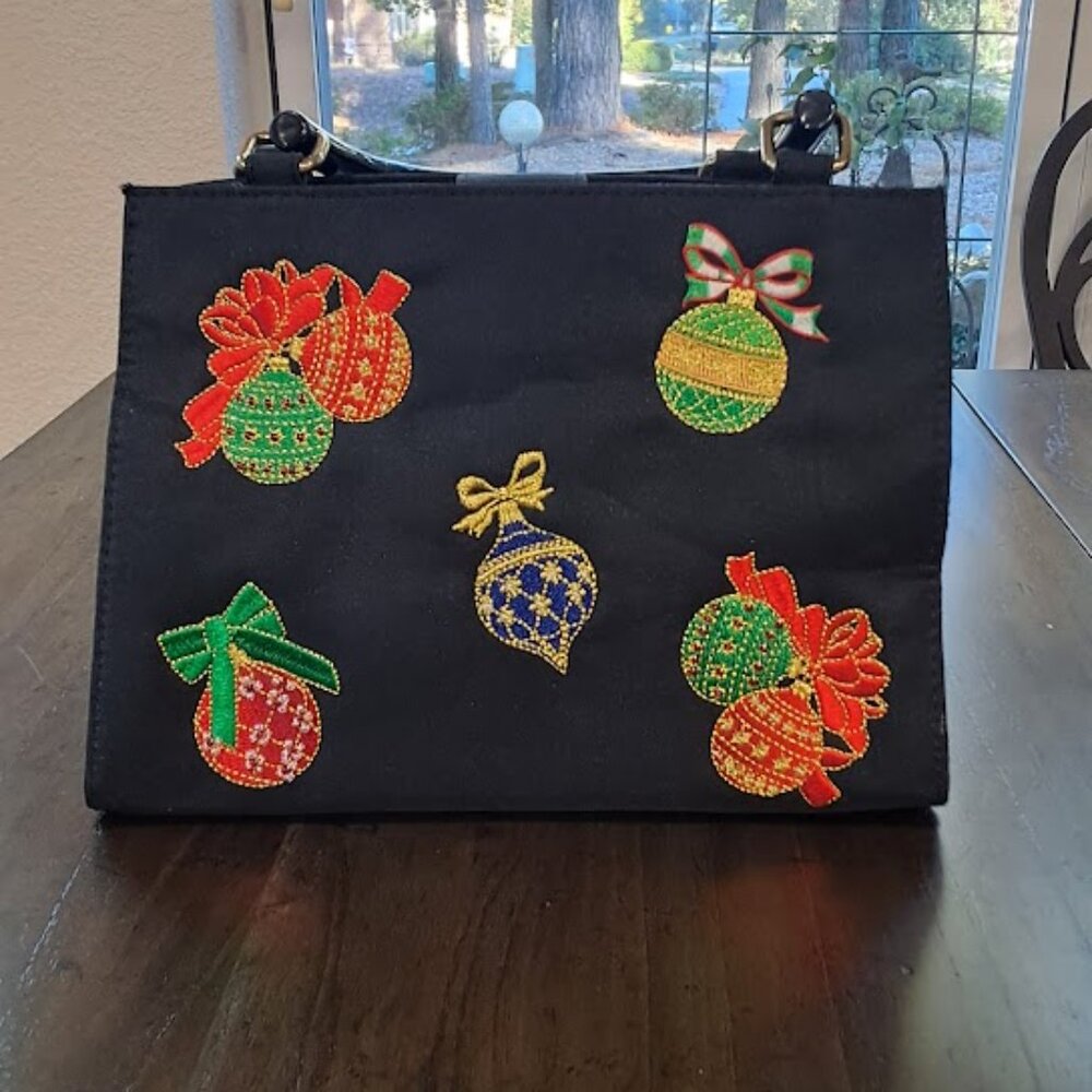 Kim Rogers Christmas Ornament Purse Handbag 10" Black Holiday Double Handle